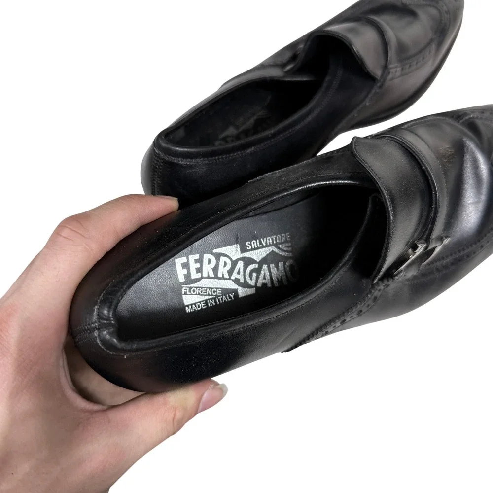 Salvatore Ferragamo Loafers Mens 6.5 EE Black Gancini Wingtip Brogue Dress Shoes